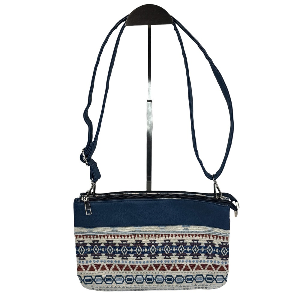 Canyon Sky Southwest Geometric Woven Crossbody Bag Navy Blue Triple Compartment